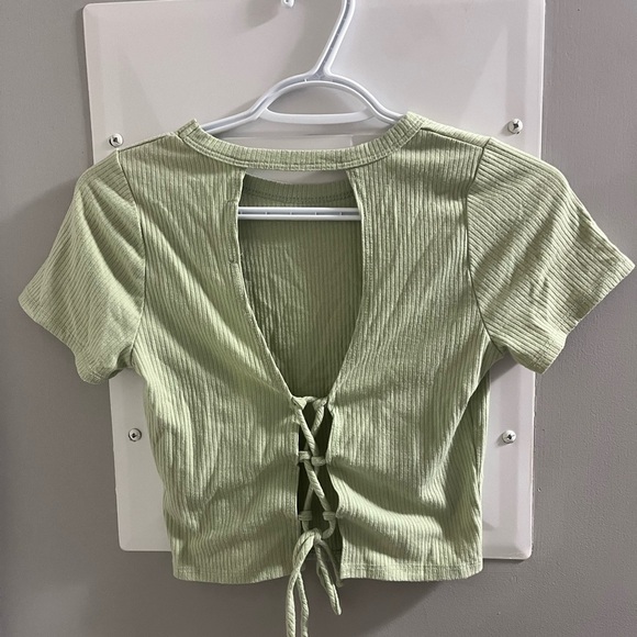 Sage Green Short Sleeve Crop Tie Front Top - Picture 1 of 2